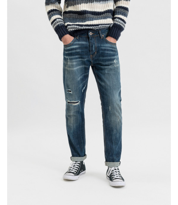 Bruce regular jeans dark wash with rips and whiskers