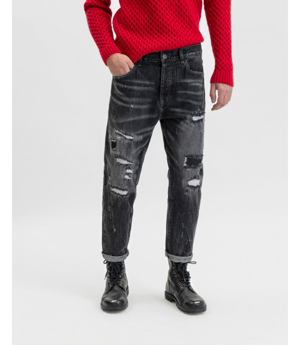 Mike95 carrot cropped jeans in black with rips and repairs