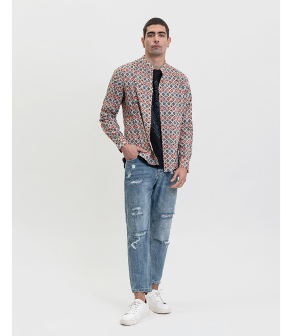 Geometric print mandarin collar shirt in cotton