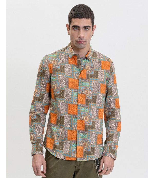 Geometric print mandarin collar shirt in cotton