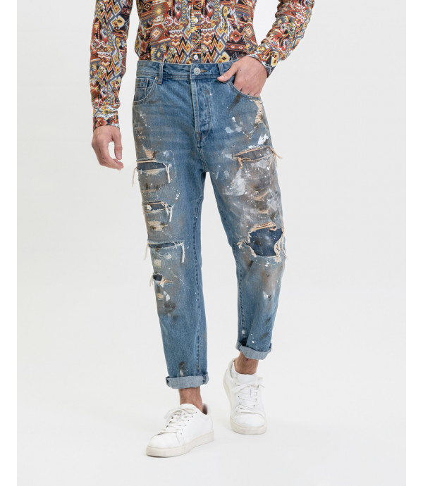 MIKE carrot cropped fit distressed jeans with rips and repairs