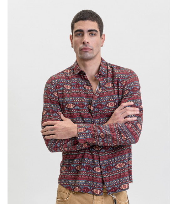 Tribal print mandarin collar shirt in cotton