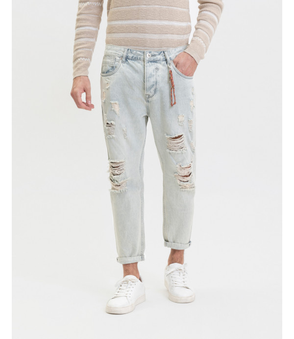 MIKE carrot cropped fit light wash jeans with rips