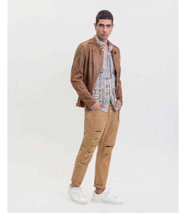 MIKE carrot cropped fit camel jeans with rips