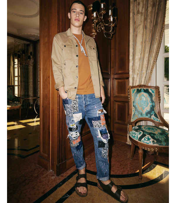MIKE carrot cropped fit jeans with patches and paint droplets