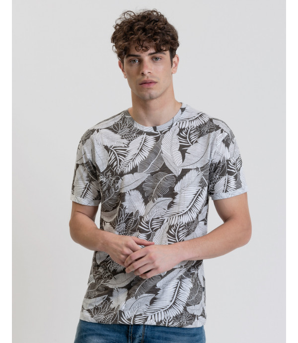 Tropical print slub t-shirt