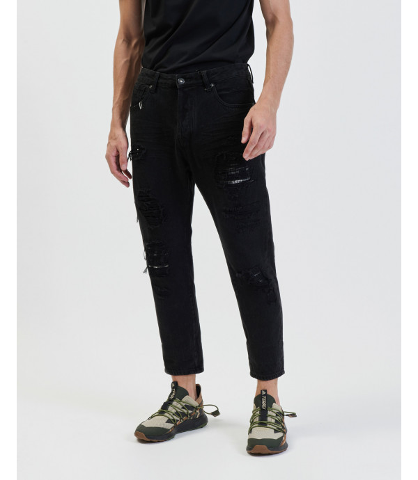 Jeans Mike carrot cropped fit con rotture in nero