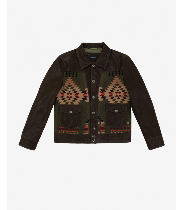 Faux-leather jacket with ethnic print inserts