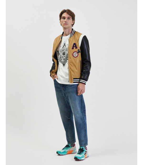 Varsity faux-leather jacket with patches