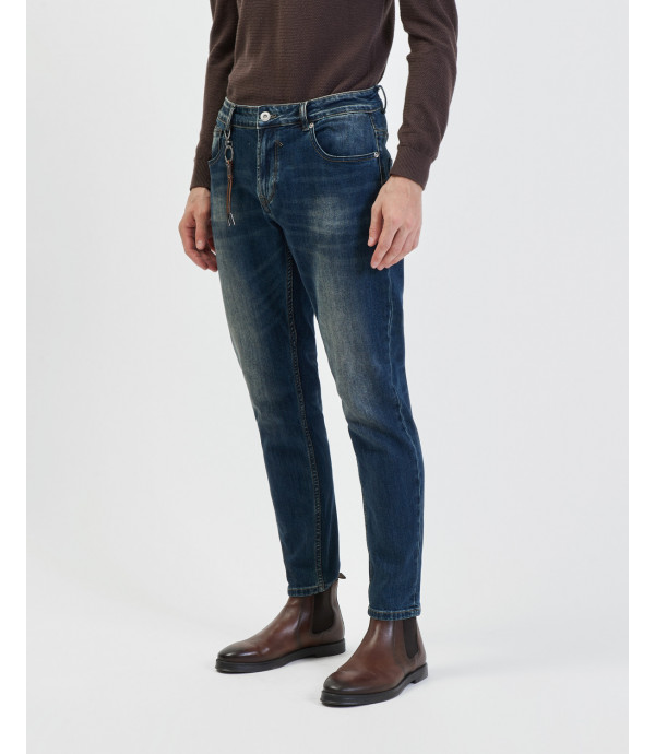 Bruce regular slim fit dark wash jeans with whiskers and abrasions