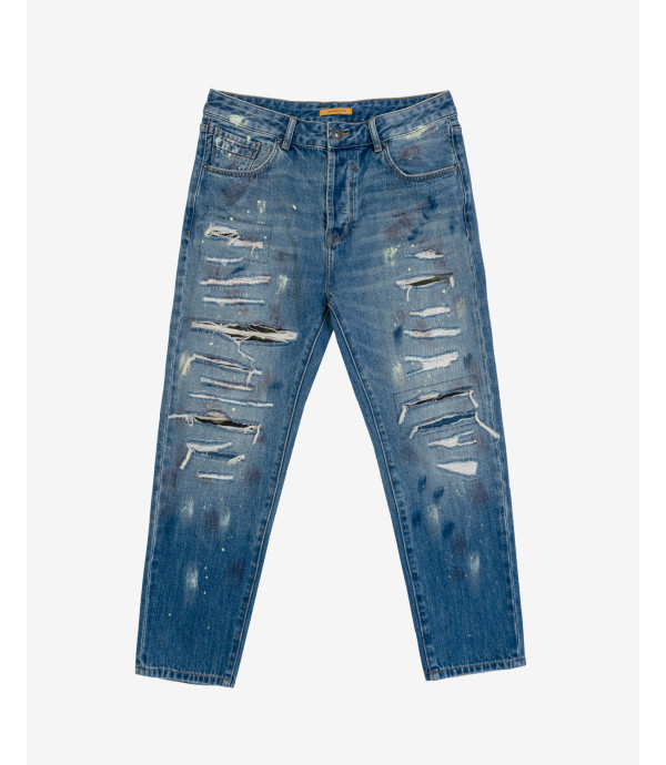 Jeans MIKE carrot cropped con strappi e schizzi di vernice