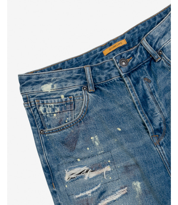 MIKE carrot cropped jeans with rips and paint droplets