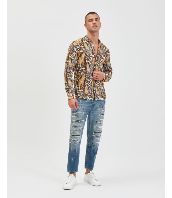 Tropical leaves print linen shirt