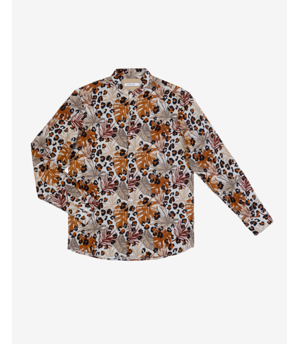 Mandarin collar linen shirt with wild print
