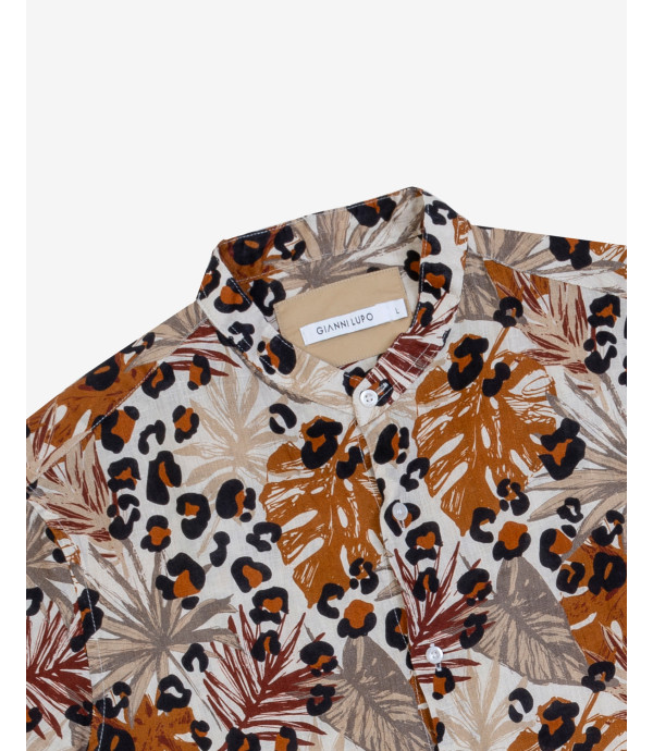 Mandarin collar linen shirt with wild print