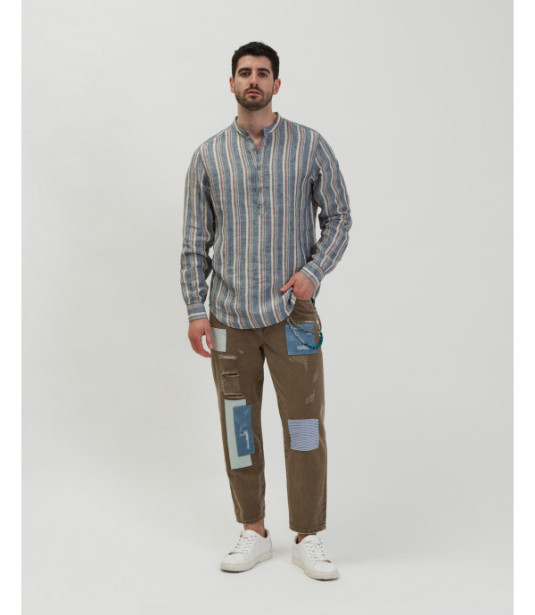 Striped mandarin collar shirt in linen