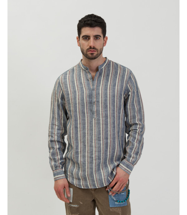 Striped mandarin collar shirt in linen