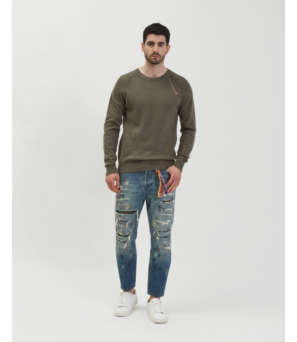 Distressed cotton raglan sweater