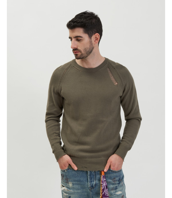 Distressed cotton raglan sweater