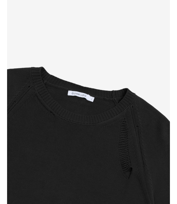 Distressed cotton raglan sweater