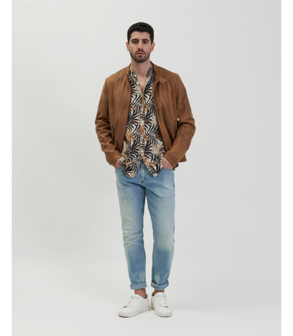 Leaves print mandarin shirt in viscose