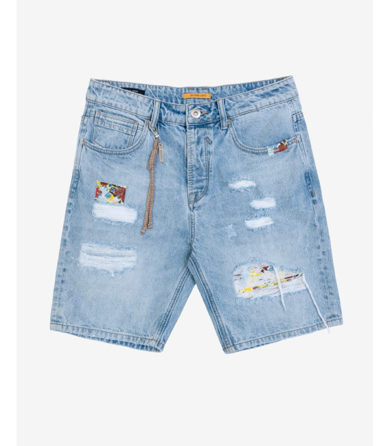 Bermuda jeans con strappi e patch