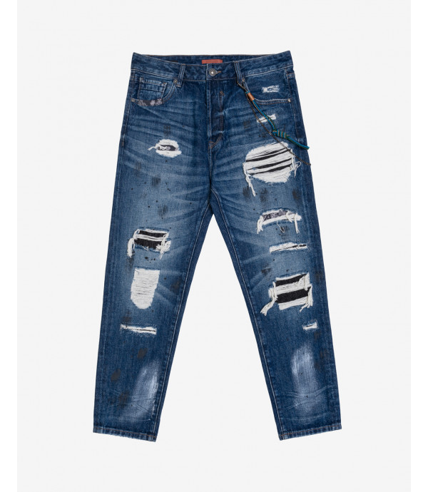 Jeans Mike carrot fit con rotture patch e schizzi di vernice