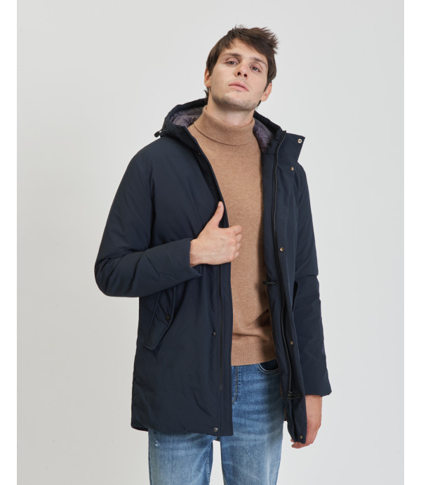 Tech fabric parka with hood