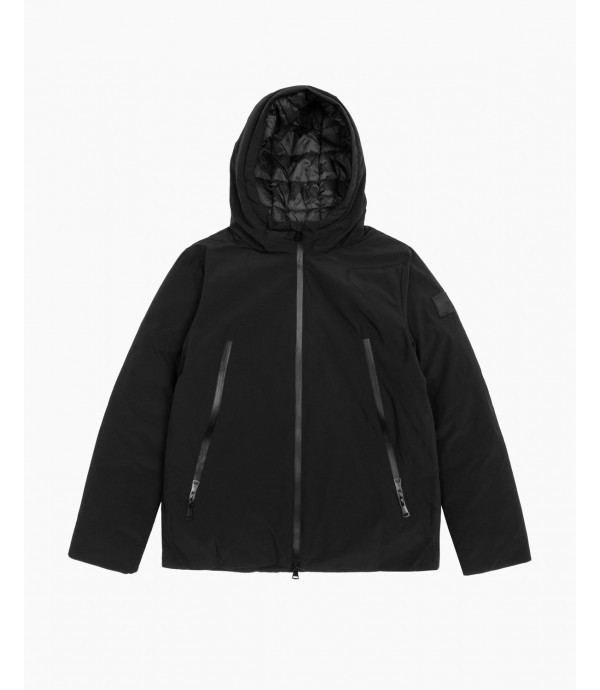 Tech fabric parka with hood and zip pockets