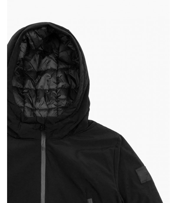 Tech fabric parka with hood and zip pockets