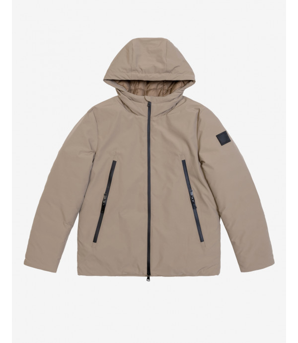 Tech fabric parka with hood and zip pockets
