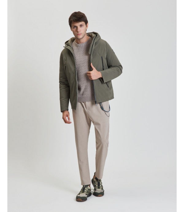 Tech fabric parka with hood and zip pockets