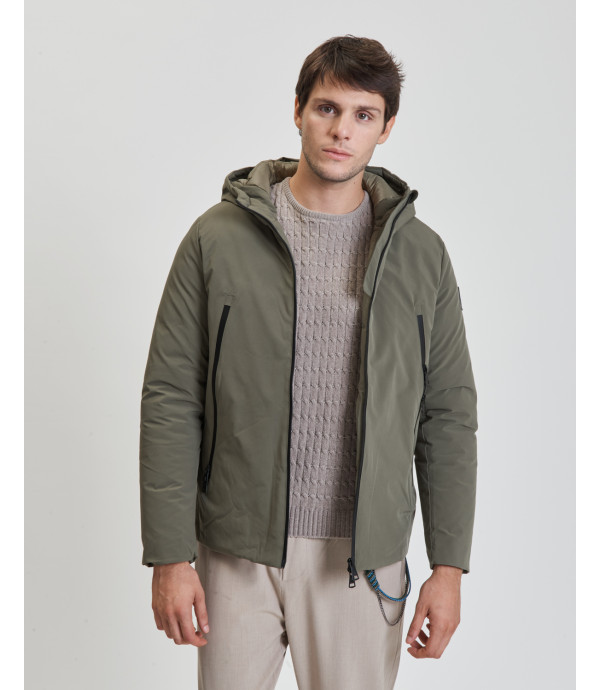 Tech fabric parka with hood and zip pockets