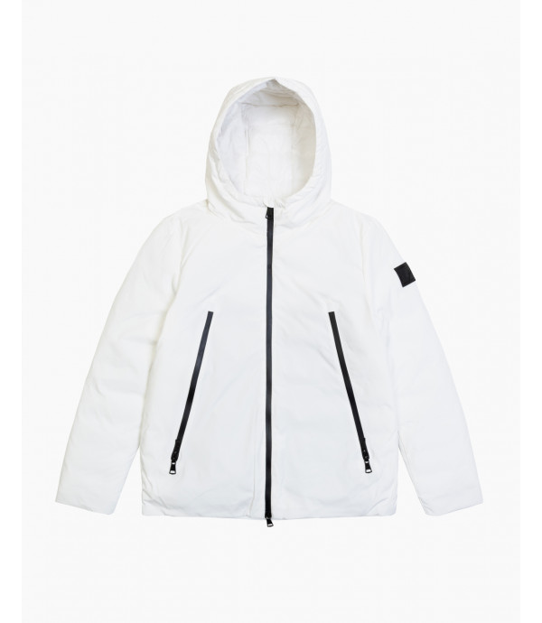 Tech fabric parka with hood and zip pockets