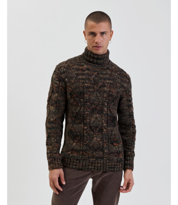Melange turtleneck cable-knit sweater