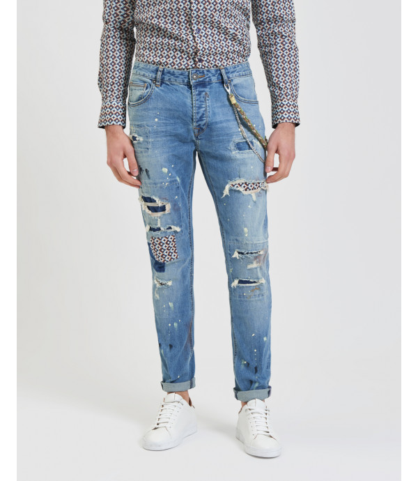 BRUCE regular fit jeans with patches rips and paint droplets