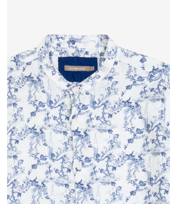 Mandarin collar shirt with floral print in linen