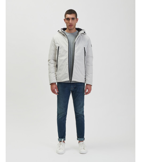 Tech fabric parka with hood and zip pockets