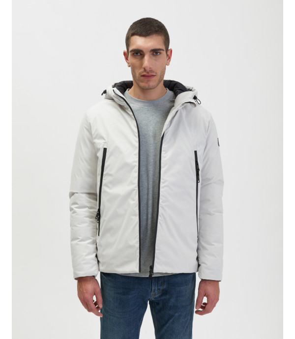 Tech fabric parka with hood and zip pockets