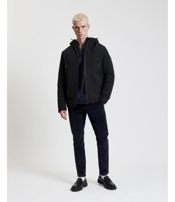 Tech fabric parka with hood and zip pockets
