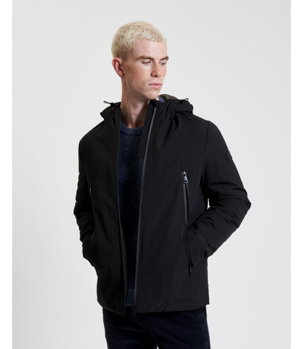 Tech fabric parka with hood and zip pockets