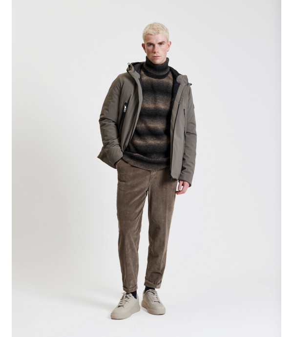 Tech fabric parka with hood and zip pockets