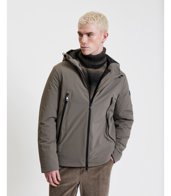 Tech fabric parka with hood and zip pockets