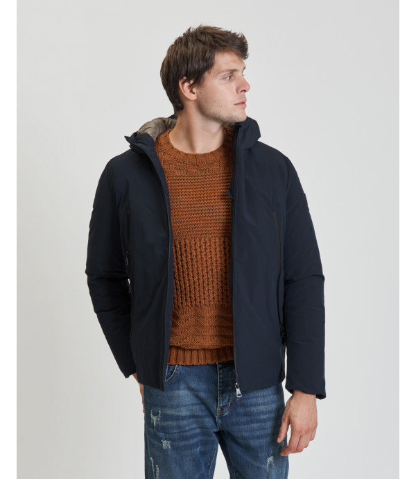 Tech fabric parka with hood and zip pockets