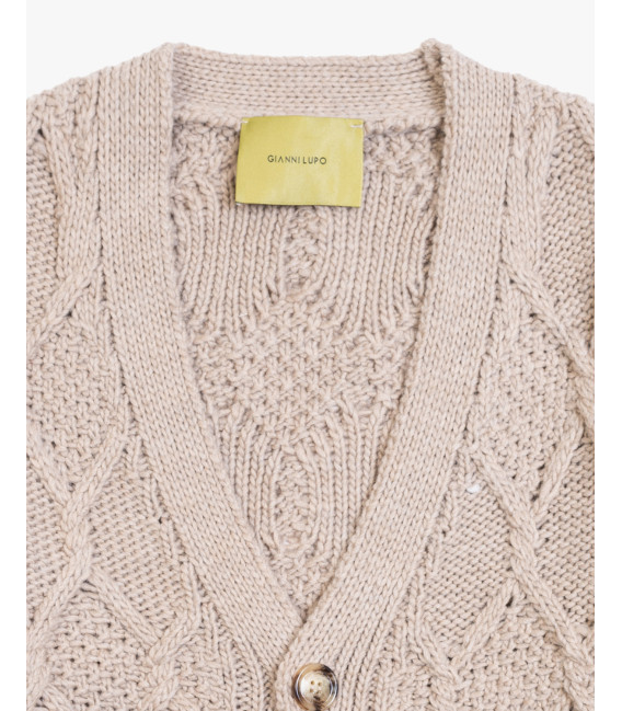 V-neck cardigan with diamond knit pattern in wool blend