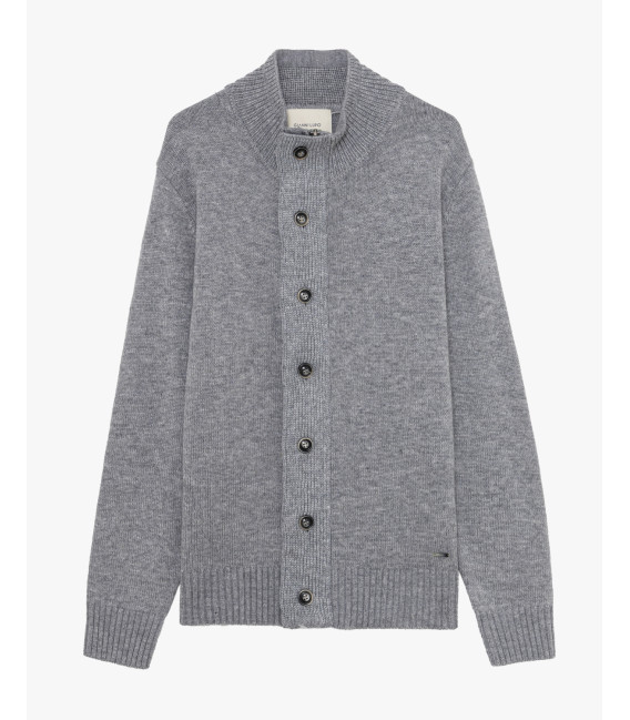 Knitted cardigan with funnel neck and button fastening.