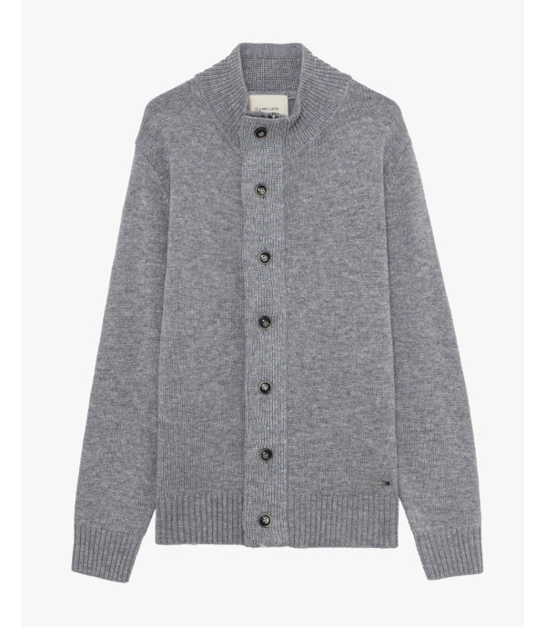Knitted cardigan with funnel neck and button fastening.