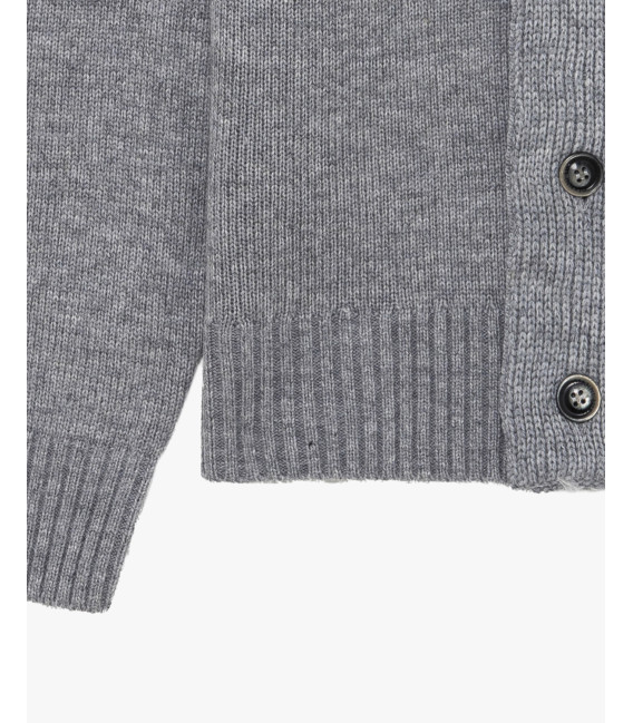 Knitted cardigan with funnel neck and button fastening.