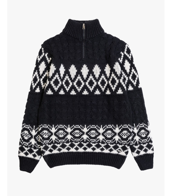 Half-zip high-neck sweater with jacquard pattern in wool blend