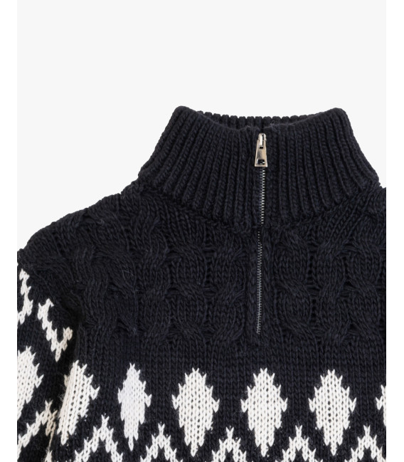 Half-zip high-neck sweater with jacquard pattern in wool blend